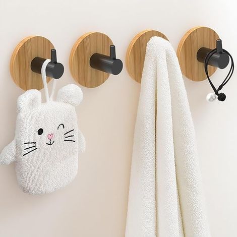 Crochets Muraux Adhésifs en Bambou Lot 4 Crochets en Bois Crochet L Noir Sans Perçage, Montage Facile pour Salle de Bain Cuisine Entrée, Idéal pour Carrelage et Porte