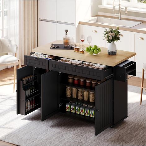 Isola cucina 137 x 89,5 x 45 cm in MDF natural/nero con piano ribaltabile e ampio spazio contenitivo (1/5)