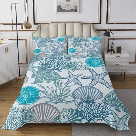 Couvre-Lit 260x240 Monde sous-Marin de Dessin Animé,Dessus de Lit Animaux de Mer,Couverture de Lit Thème Océan de Mer,Jetés de Lit Esquisses de Vie Océanique Turquoise 2 Taies d'oreiller (1/4)