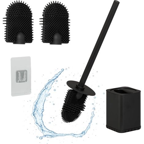 Relaxdays Scopino Bagno WC, Portascopino da Parete, Spazzola Piatta Antibatterica con Contenitore, Set Toilette, Nero (1/5)