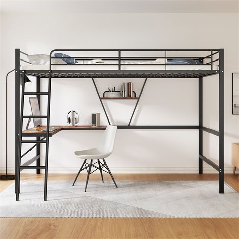 Lit mezzanine 90x200cm, lit enfant en métal avec échelle, bureau en forme de L et 1 étagère, noir (1/5)