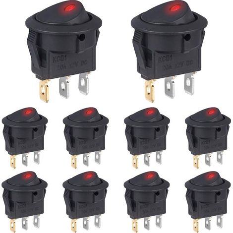 10 pcs Interrupteur 12V 20A Voyant Lumineux LED Rouge Interrupteurs à Bascule Rond 12 Volts ON/OFF 2Positions Marche/Arret 3Broches (1/5)