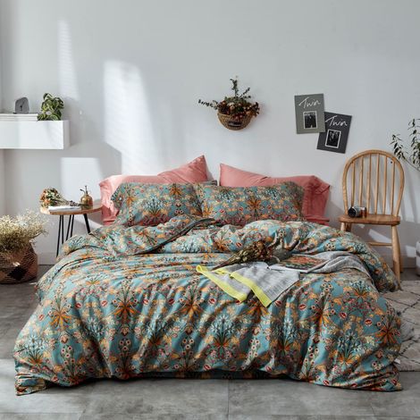 Parure de lit Style Vintage avec Housse de Couette à Fermeture éclair en Coton Percale à Longues Fibres Douces et vibrantes Motif Floral Bleu Grand lit Toutes Saisons (1/5)
