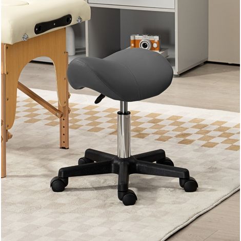 Tabouret roulant selle réglable en hauteur, pivotant 360°, en cuir synthétique gris, 48 x 47 cm (1/5)