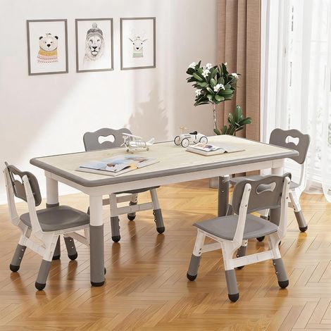 Ensemble Table Enfant avec 4 Chaises Réglables en Hauteur, Plateau Effaçable Graffiti avec Feutres, Bureau d’Activité Gris (1/5)