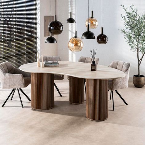 M&S – Table de salle à manger organique 215x122x77 cm – Plateau en céramique 3D effet travertin – Pieds en panneaux de particules effet bois