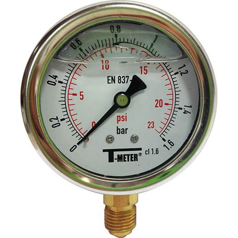 Sferaco – Manomètre inox à bain glycérine Ø63 radial 1/4" BSP – Pression max 1,6 bar – Pour fluides gazeux et liquides non visqueux