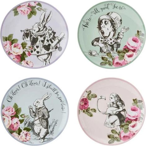 MIKASA e The V&ampA - Set de 4 piatti da torta per il tè pomeridiano de, 21 cm, bone china, tè de Alice nel Paese delle Meraviglie, lavabili in lavastoviglie e in confezione regalo de (1/3)