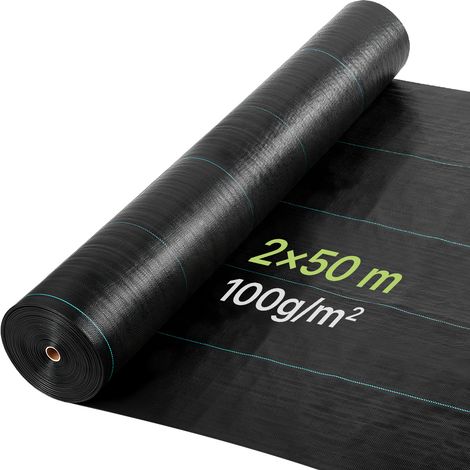 VEVOR Toile de Paillage 2x50 m Bache Anti Mauvaise Herbe 100 g/m² Geotextile Anti Repousse Tisse PP pour Protection Contre Mauvaises Herbes, Couverture de Sol, Jardin, Potager, Parterres Fleurs, Noir (1/5)
