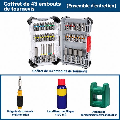 Coffret 43 embouts de vissage avec kit d'entretien pour visseuse électrique et tournevis, boîte pratique, 300 g – Livraison gratuite