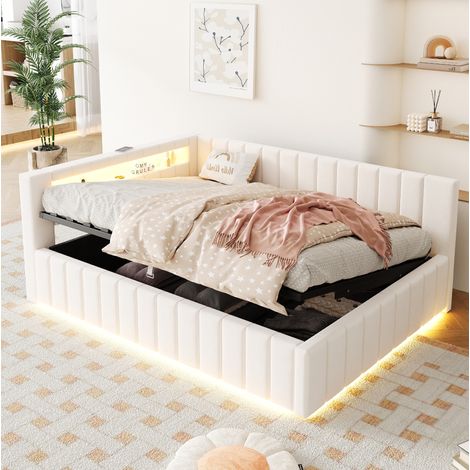 lit adulte double rangement LED 140x200 velours beige OKMYHOME (1/5)