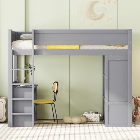 Lit mezzanine enfant 90x200cm - avec équipé d'armoire, en bois de pin, lit superposé, lit enfant avec bureau et tiroirs - gris (1/5)