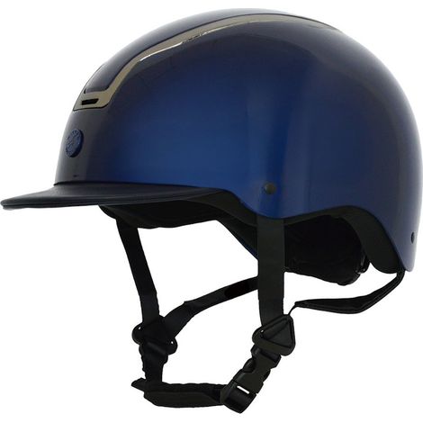 60-61 CM, NERO: Casco da equitazione con calotta lucida e visiera stretta e in pelle con frame brunito (1/5)