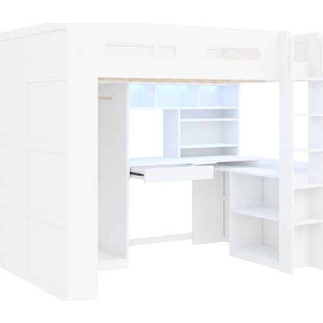 Hochbett 90x200 cm Weiß mit Schreibtisch, Schublade, Regalen, Schrank, LED und USB (1/5)