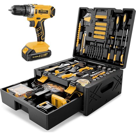 Malette Outils 267 Pièces avec Perceuse Visseuse Sans Fil 21V, Caisse a Outil Complete avec Batterie 2.0Ah, Boite a Outils Complète avec Marteau, Tournevis, Clés et Malette Outils à Tiroirs