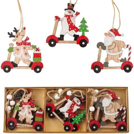 Décoration sapin de Noël bois,Ornement à Suspendre en Bois de Noël,Ensemble de Copeaux de Bois Décoratifs Colorés-9 PCS (1/4)