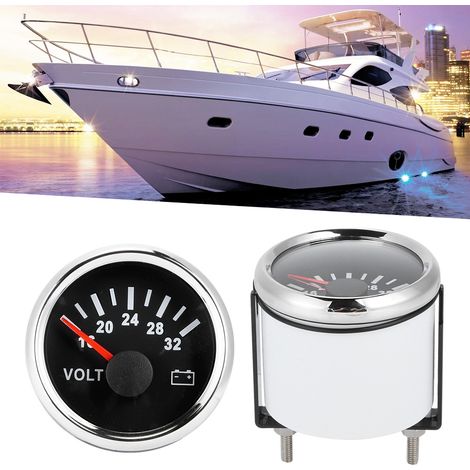 Universelles 52-mm-Marinevoltmeter, 18–32 V, für Pkw, Lkw, Motorräder und ATVs (9–32 V), siebenfarbige Hintergrundbeleuchtung, schwarzes Zifferblatt, silberne Lünette (1/5)