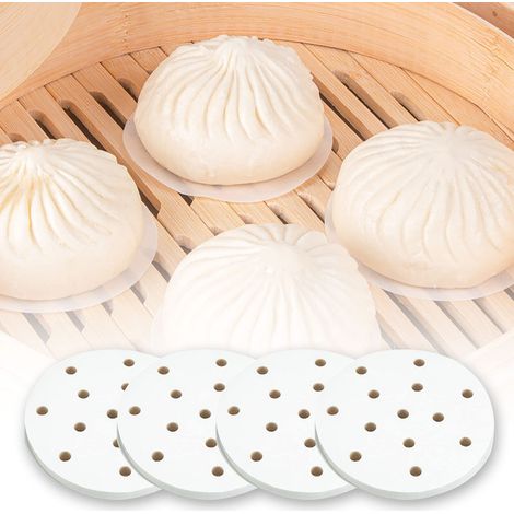 400 petits paniers vapeur en bambou – papier vapeur antiadhésif, idéal pour les brioches et les raviolis cuits à la vapeur (10 cm). (1/5)