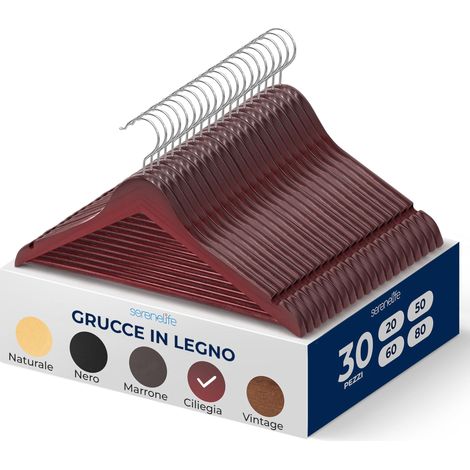 SereneLife Grucce Appendiabiti, 30 Stampelle Armadio in Legno, Appendiabiti Resistenti con Gancio Girevole a 360° e Tacche, Design Sottile per Felpe, Camicie, Giacche, Vestiti e Altro (1/5)