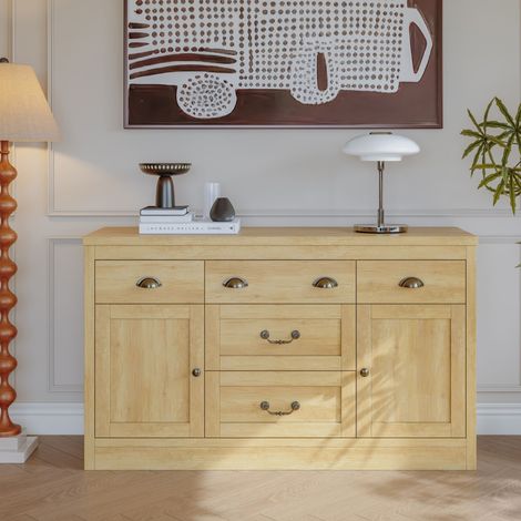 Sideboard 135x40x80 cm, 5 Schubladen und 2 Türen, große Arbeitsfläche, schwarze Metallgriffe, Landhausstil - Naturholz