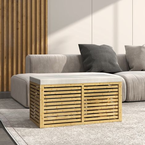 Banc de rangement coffre de rangement rembourré en tissu aspect lin gris et naturel couvercle et structure en bambou aménagement intérieur