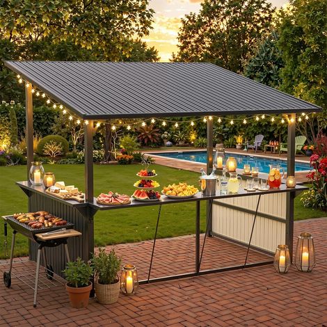 YODOLLA Grill Gazebo BBQ Shelter,Garden Metal Pergola Outdoor with 3 Side Shelf, Garden Gazebo for Backyard, Garden, Patio, Black, 3mx3.7m (1/5)