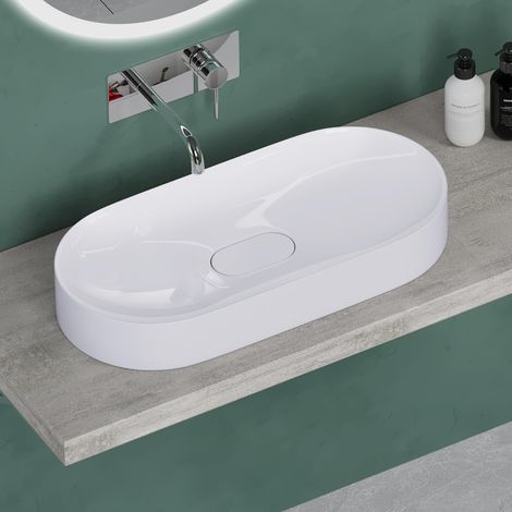 Mai & Mai Lavabo da Appoggio 70x35.5x10cm, Lavandino Bagno Colossum826 Lavabo da Marmo Fuso, Bianco Lucido (1/5)