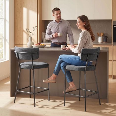 Taburetes de bar juego de 2 gris, respaldo curvado, asiento 63 cm, DESVIAE (1/5)