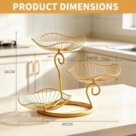 Corbeille à fruits à 3 étages en fer massif, bol à fruits et présentoir, panier à fruits en métal pour le rangement des fruits, légumes, collations et pain (doré) (1/4)