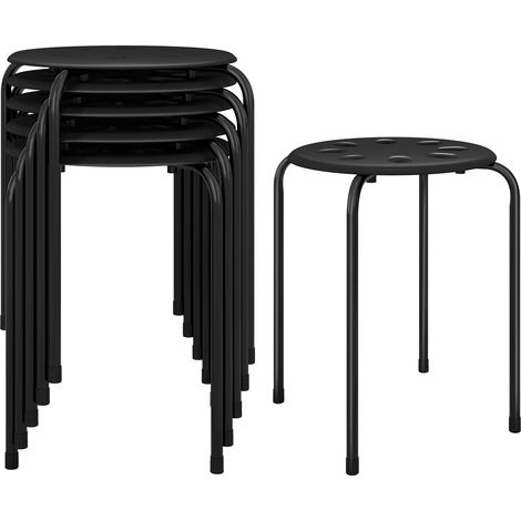 Lot de 6 tabourets empilables noirs en plastique et acier avec assise percée et patins antidérapants pour maison, classe et bureau (1/5)