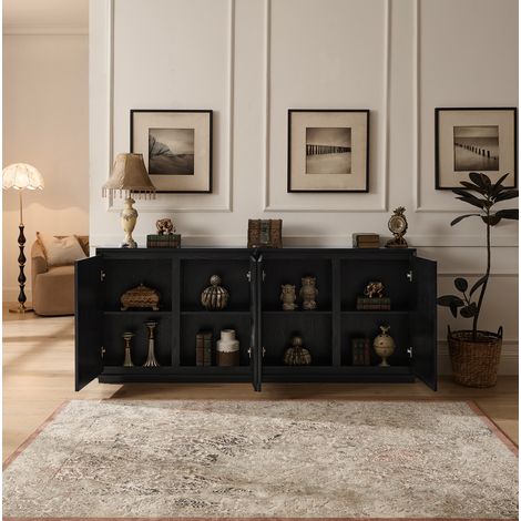 Aparador negro con puertas ranuradas en V, de madera maciza y MDF (1/5)