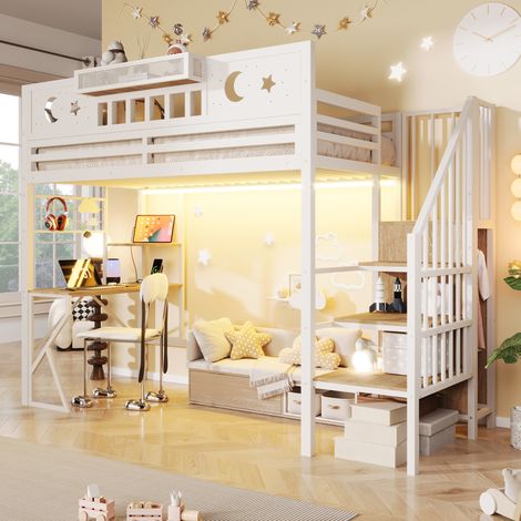 Lit mezzanine enfant avec bureau 90x200 cm, panneau perforé, étagères, escalier de rangement, LED APP, USB, acier et MDF - Blanc (1/5)