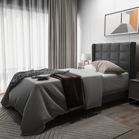 Letto singolo imbottito con testiera e rete a doghe, 90x200 cm, in lino grigio (senza materasso) (1/5)