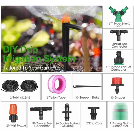 Kit de riego por goteo para plantas, sistema de riego casero con boquillas, nebulizadores y goteros, manguera de 30 metros para jardín, césped y terraza. (1/5)