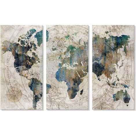 Mapa del mundo vintage de Ulisem sobre lienzo, póster grande, azul cian, decoración para salón, dormitorio, oficina, cocina, 30 x 60 cm, 3 piezas (1/4)