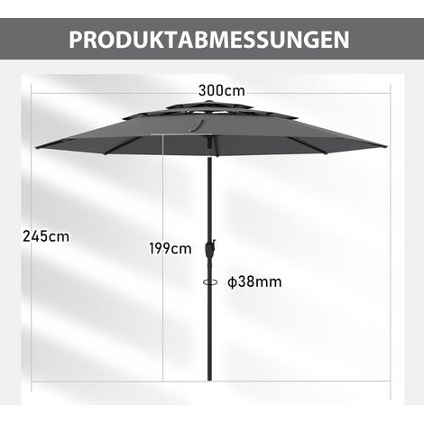 Ombrellone da giardino a 3 livelli, manovella, inclinazione, 300 cm, grigio