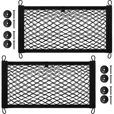 Lot de 2 filets de rangement extensibles et élastiques réglables pour coffre de voiture, camping-car, bateau avec 8 vis de montage et crochets (50 x 25 cm) (1/5)