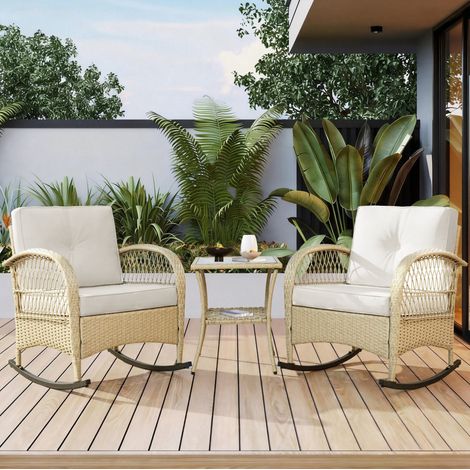 Set di mobili da giardino 3 pezzi in rattan e metallo nero con cuscini beige, 2 sedie a dondolo e tavolino in vetro temperato (1/5)