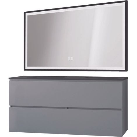 ONDEE ZEN - Meuble salle de bain TRENDY - 120 cm - Gris mat - 4 Tiroirs - Plan noir + miroir SELENA (1/3)