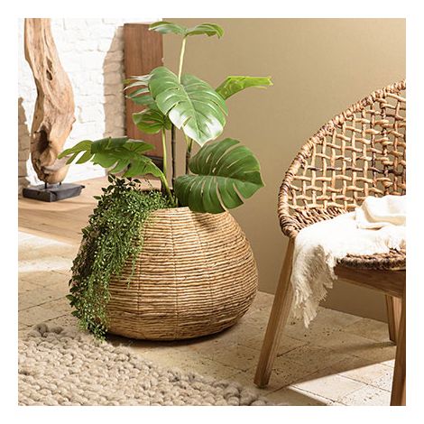 Macabane – Cache pot 60x60 cm en rotin marron – Tissage abaca naturel – Pour intérieur et extérieur sous abri – Style chaleureux pour plantes