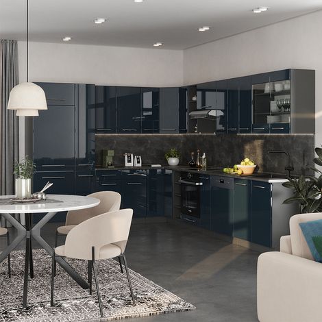 Cuisine en angle Fame-Line, Bleu foncé brillant/Anthracite, 257 x 60 cm sans plan de travail, Vicco (1/5)