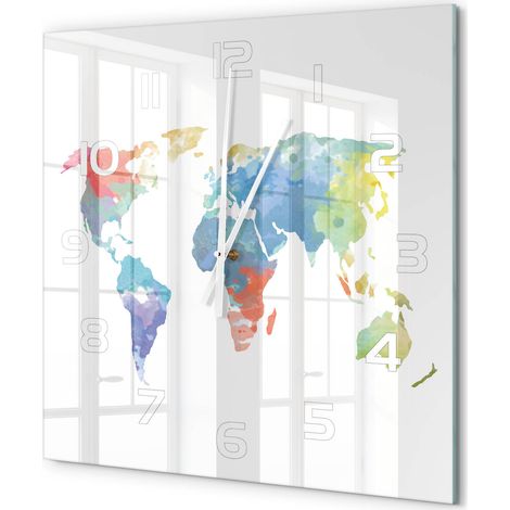 Grande Horloge Murale Carrée Déco Salon Verre Trempé Silencieuse Design Contemporain Carte du monde 60x60 cm (1/5)