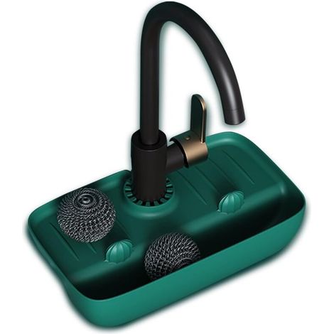 Tapis d'égouttage en silicone avec poignée pour robinet et porte-éponge, support pour évier, tapis d'égouttage pour comptoirs de cuisine et de salle de bain (vert) (1/5)