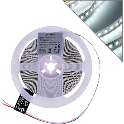 STRISCIA LED 2835 LUCE FREDDA 6500K° 5 METRI 24V FLESSIBILE E TAGLIABILE OGNI 1CM - IDEALE PER ILLUMINAZIONE INTERNA DESIGN MODERNO PER SOGGIORNI CUCINE E UFFICI