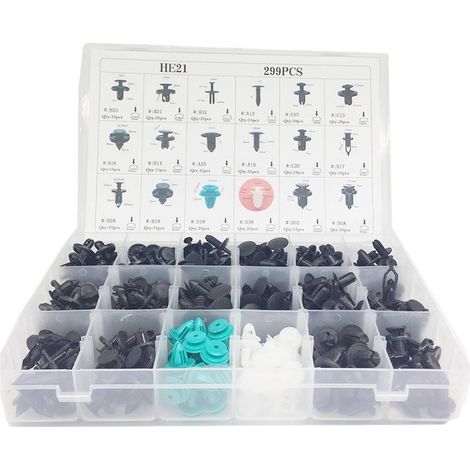 299pcs Clips Agrafe Plastique Rivets Garnissages Pare-chocs Panneaux de Portes Auto Voiture Universel avec Boîte De Rangement (1/5)