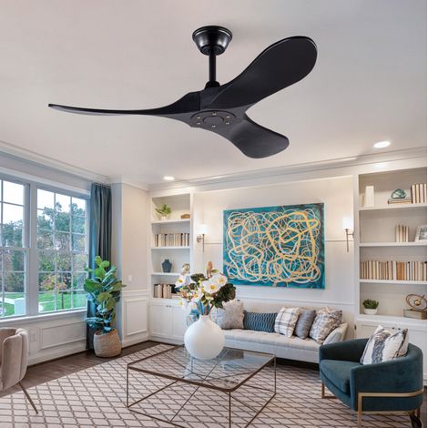 Ventilatore da soffitto nero 42" con telecomando, 3 pale in legno, senza luce, 6 velocità (1/5)