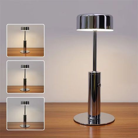 Lampe de table LED sans fil, lampe de bureau rechargeable, gradation continue à 3 couleurs, lumière ambiante à commande tactile, chrome (1/5)