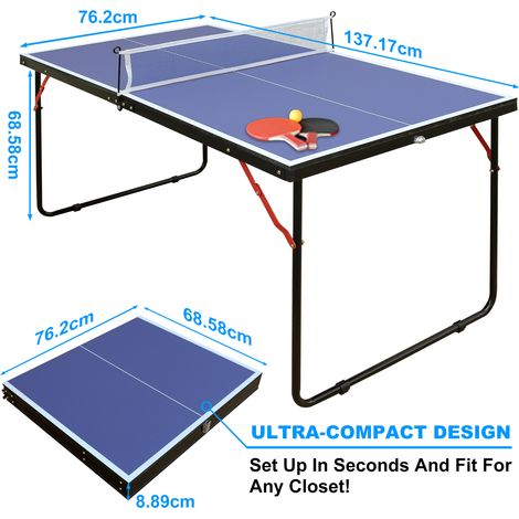 Table ping-pong pliable bleue. Filet,2 raquettes et balles incluses,facile assemblage usage intérieur extérieur toute famille.