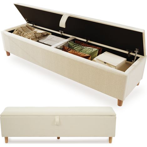 CHICFURN Panca contenitore 175 x 38 cm in tessuto a coste beige con apertura idraulica (1/5)