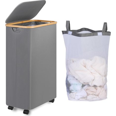 Panier à linge gris sur roues 75L Pliable avec sac amovible